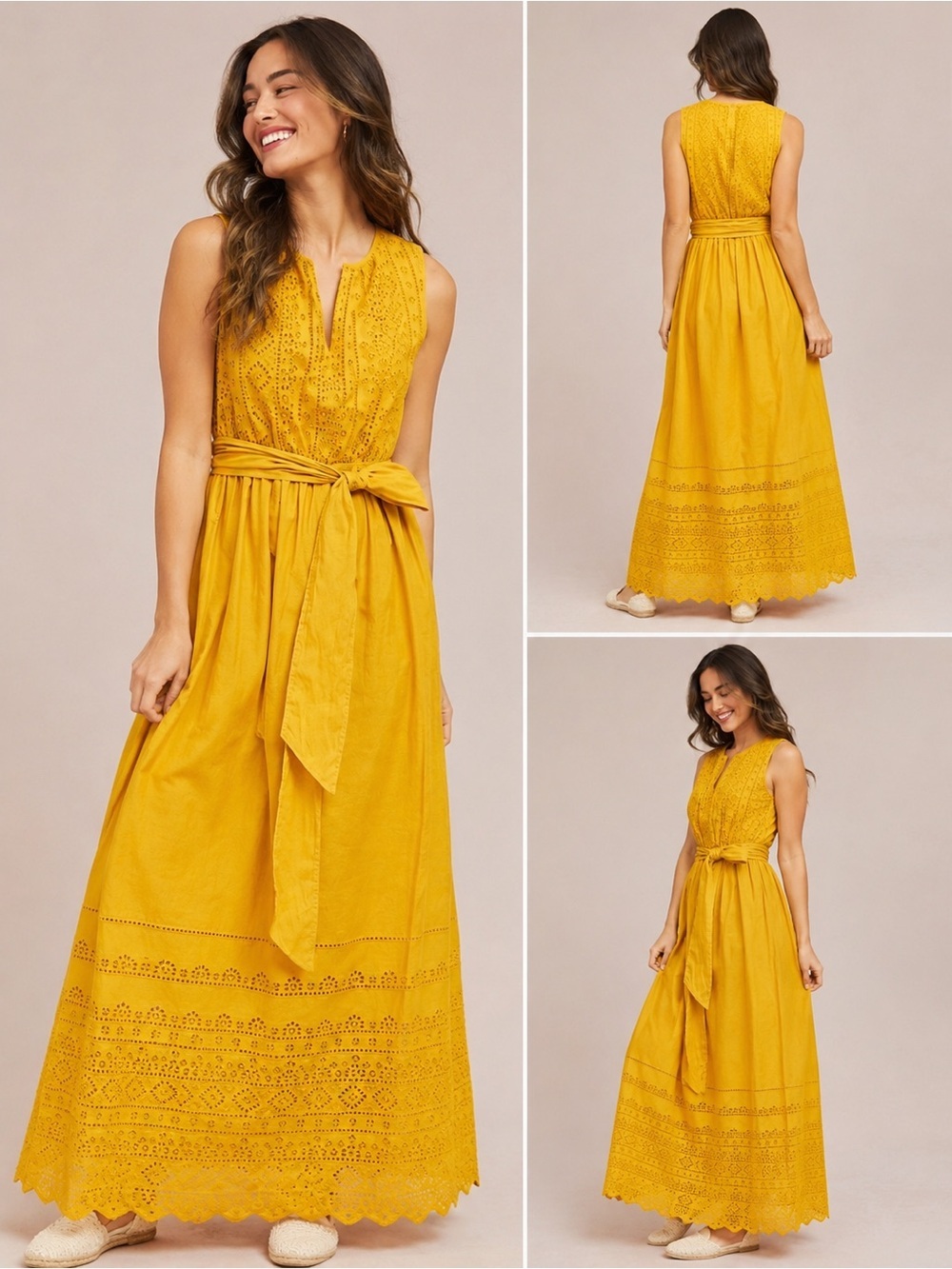 Fall Anthropologie Sunflower Yellow Sleeveless Eyelet Maxi Dress with Waist Tie